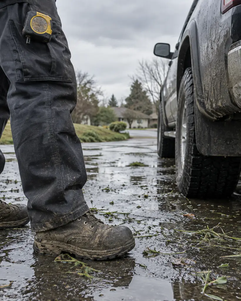 A muddy work boot on a wet driveway next to the rear tire of a pickup