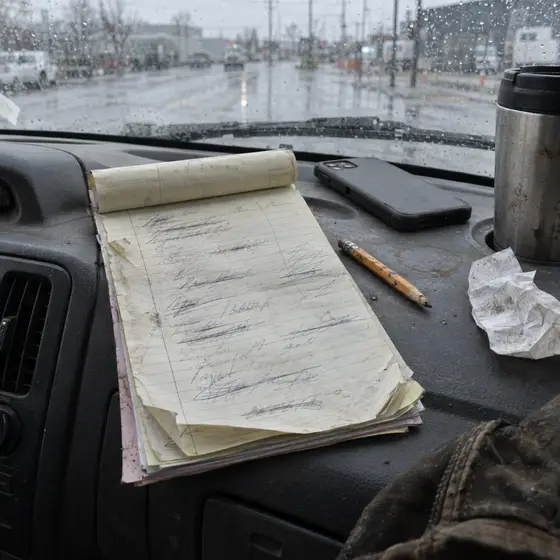 A messy carbon-copy estimate pad on a truck dashboard