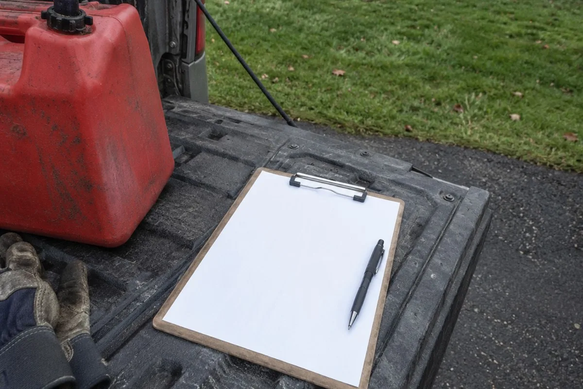 Blank clipboard and pen on a pickup tailgate next to a red gas can and work gloves