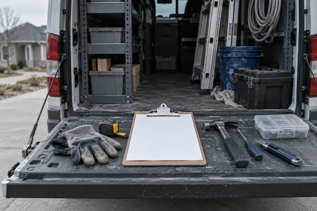 Blank clipboard, worn work gloves, a tape measure and hand tools laid on the tailgate of an open work van in a driveway