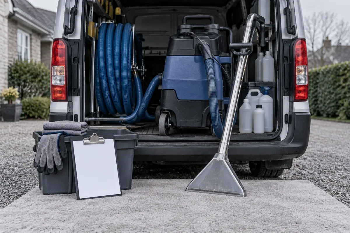 Carpet cleaning hoses and extraction tools inside an unbranded service van