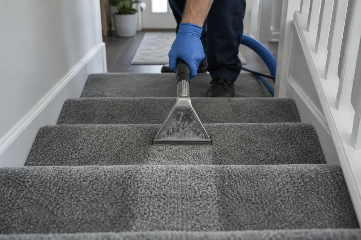 Carpet extraction stair tool cleaning grey carpeted stair treads