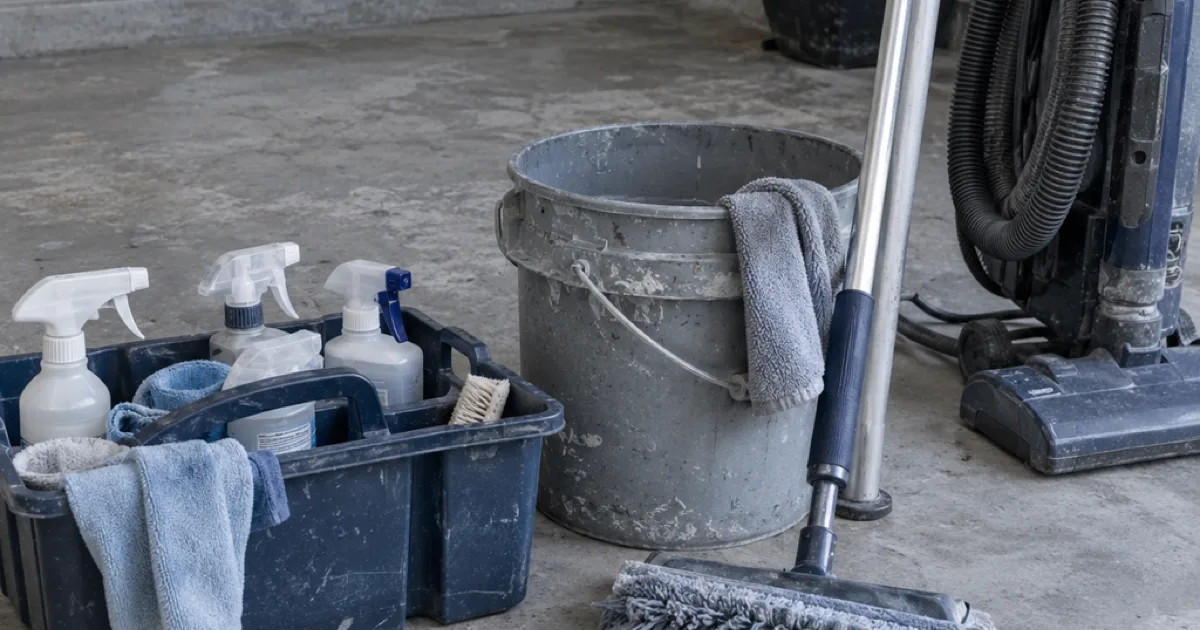 Cleaning bucket, bottles, cloths, mop and vacuum at a residential entrance