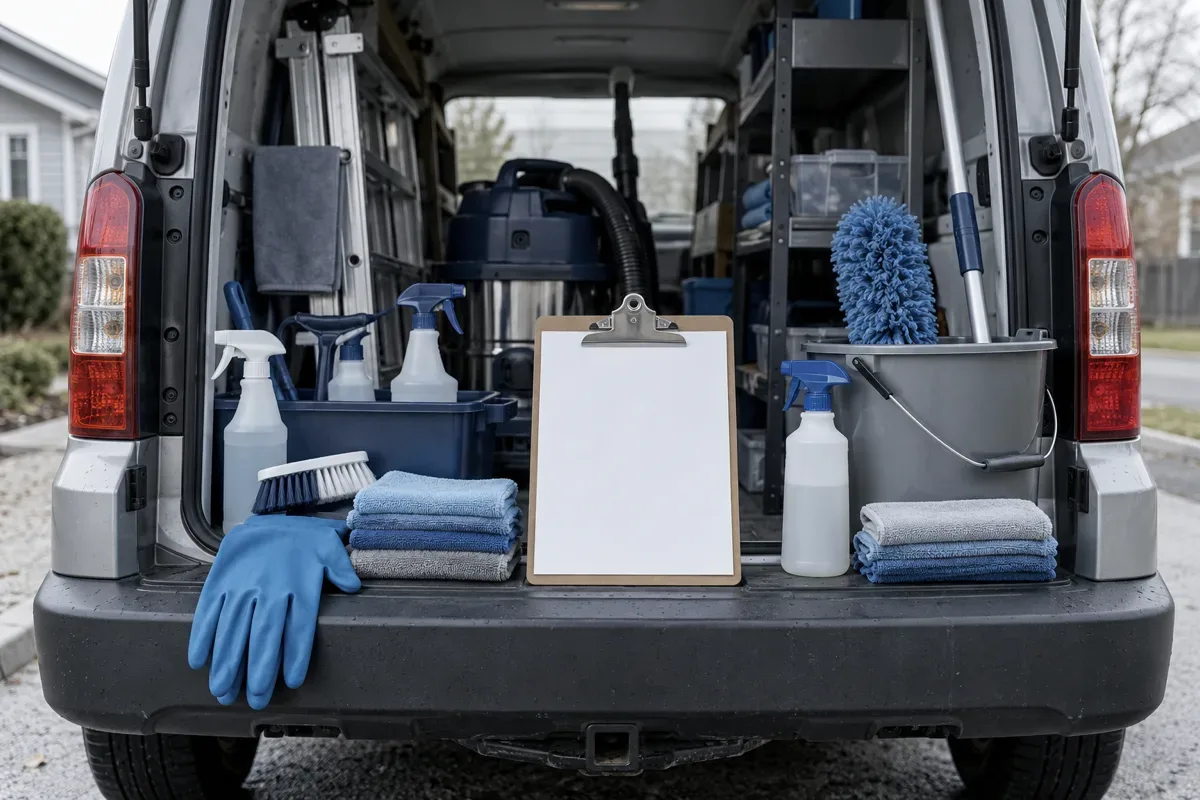Cleaning supplies and a blank clipboard at the back of a service van