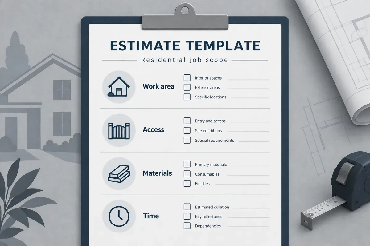 Clipboard checklist titled Estimate Template with work area, access, materials and time sections, each with three check boxes