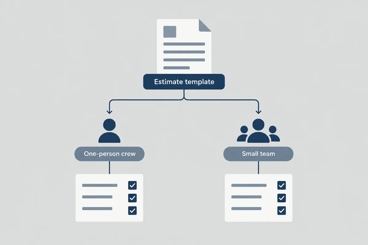 Diagram of an estimate template branching into a one-person crew and a small team, each leading to a checklist