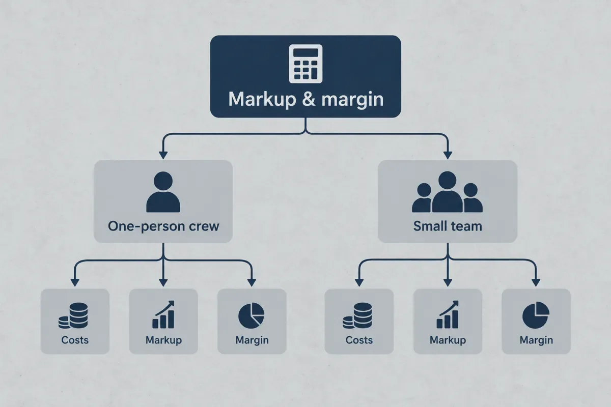 Diagram showing costs, markup and margin for a one-person crew and small team