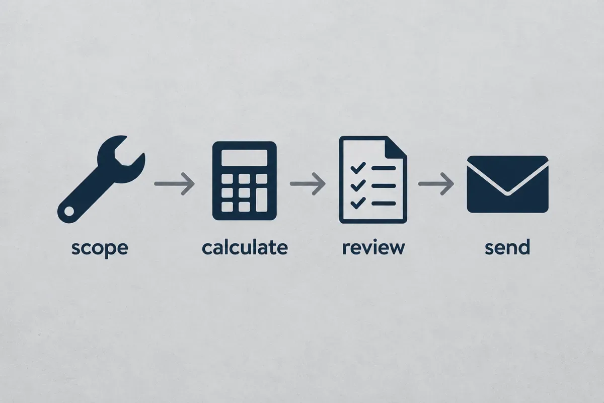 Four navy icons linked by arrows: scope, calculate, review and send