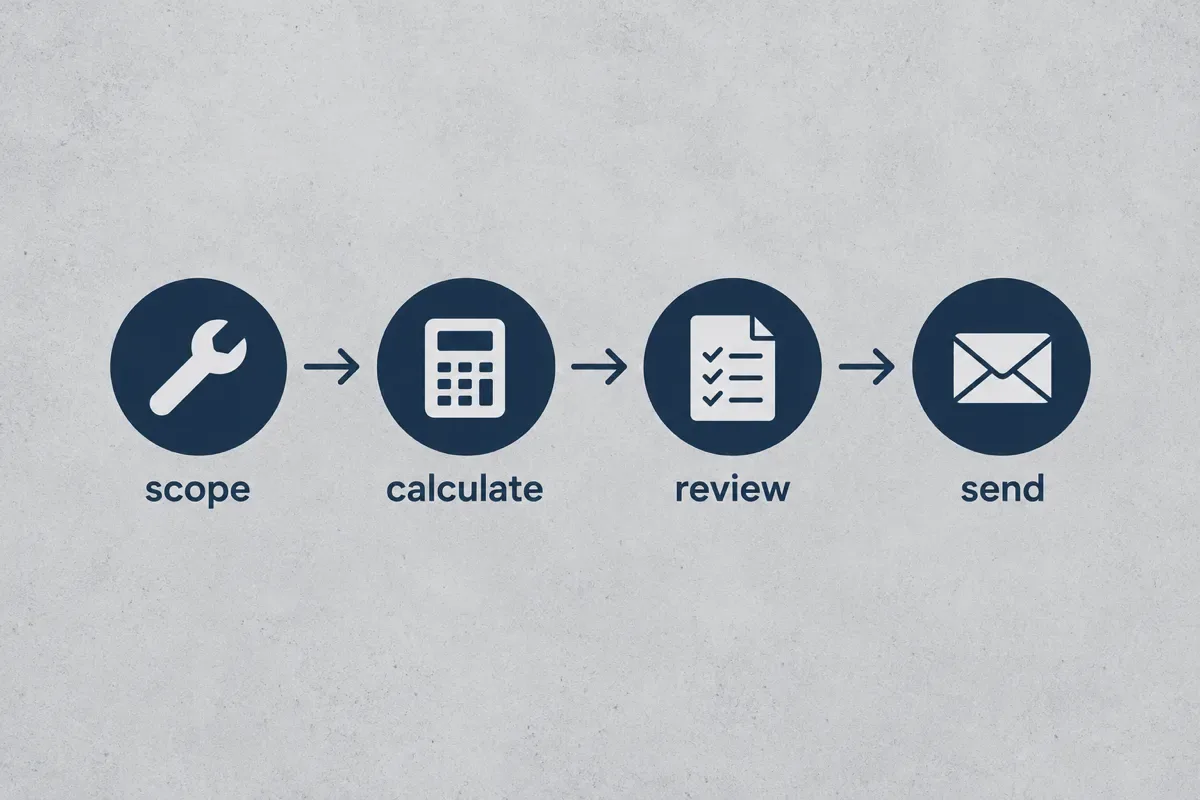 Four-stage job quote diagram showing scope, calculate, review and send