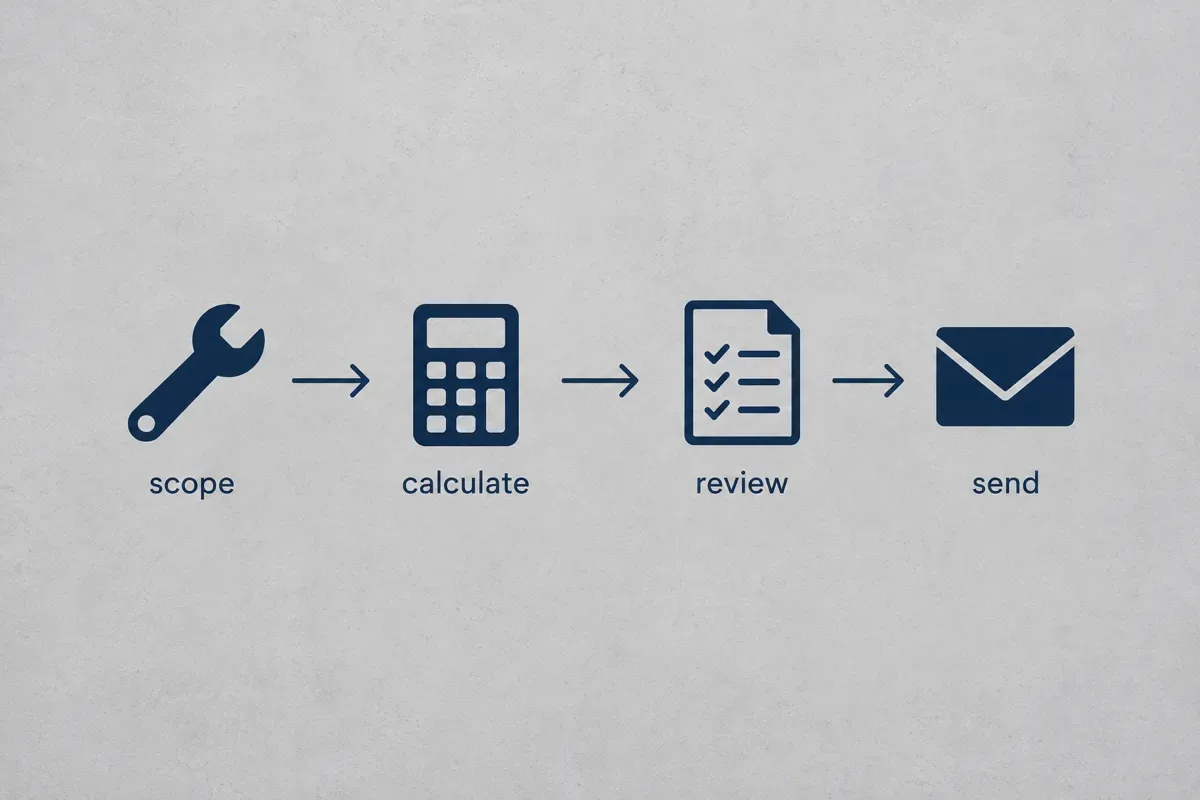 Four-step diagram with icons for scope, calculate, review and send connected by arrows