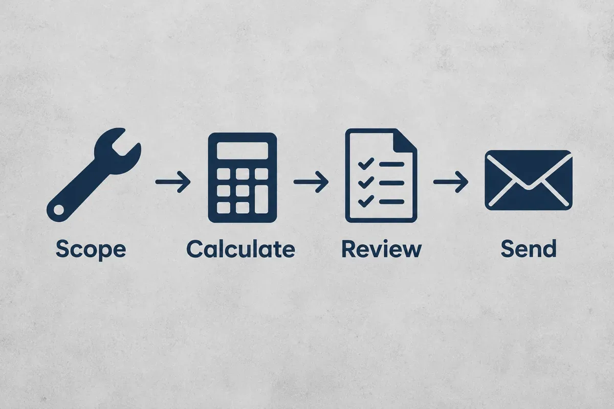 Four-step handyman quoting diagram: scope, calculate, review and send