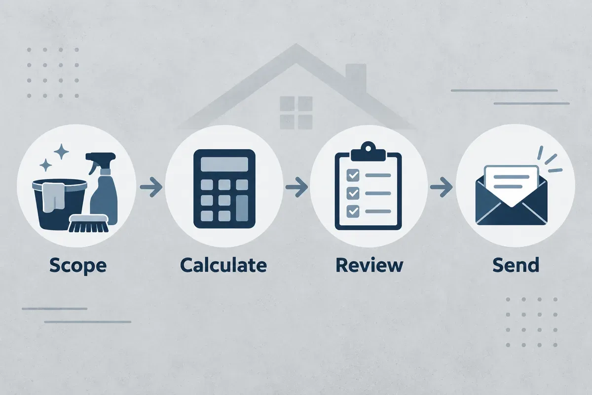 Four-step house cleaning quote diagram: scope, calculate, review and send