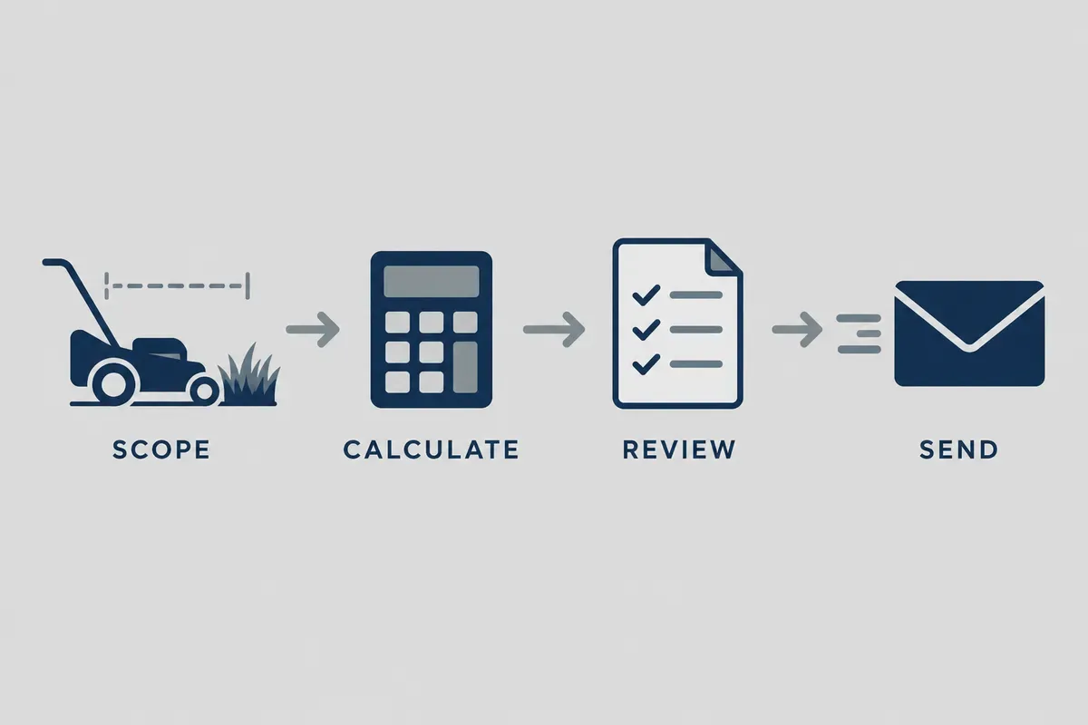 Four-step lawn quote diagram: scope, calculate, review and send