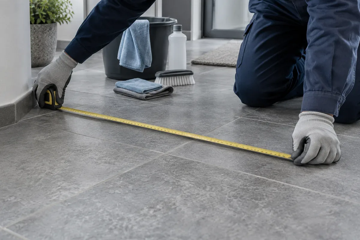 Gloved cleaner measuring a tile floor beside cleaning supplies