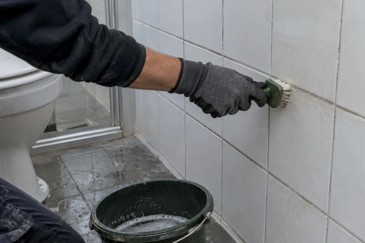 Gloved hand scrubbing white bathroom tile with a small brush, a bucket on the floor