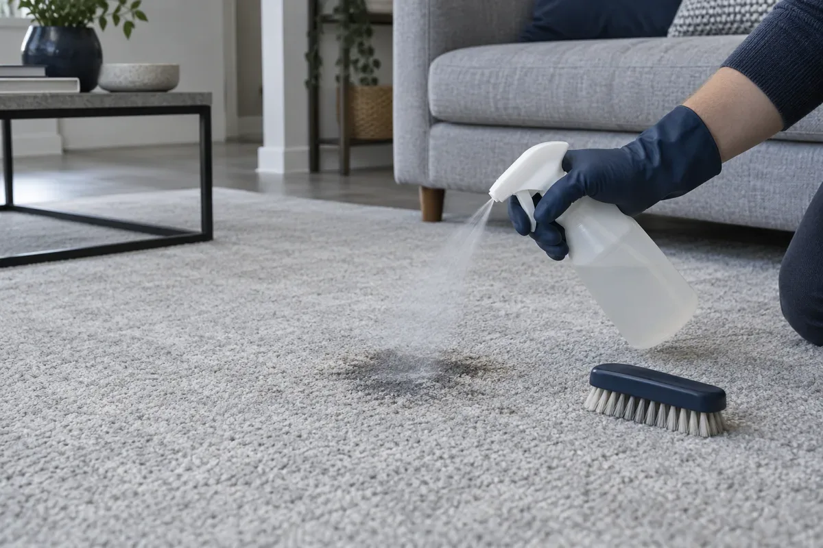 Gloved hand spraying spot treatment on a stain in a grey carpet