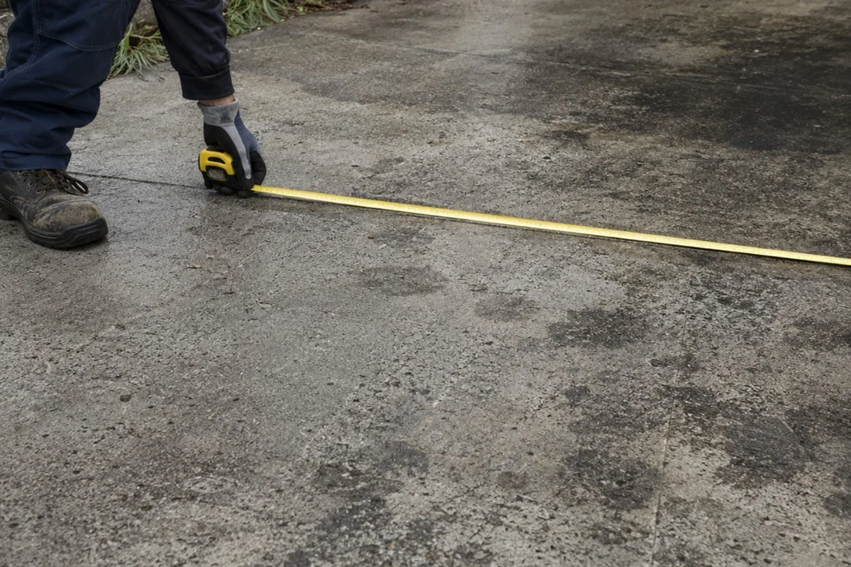 Gloved hand stretching a yellow tape measure across a stained concrete driveway