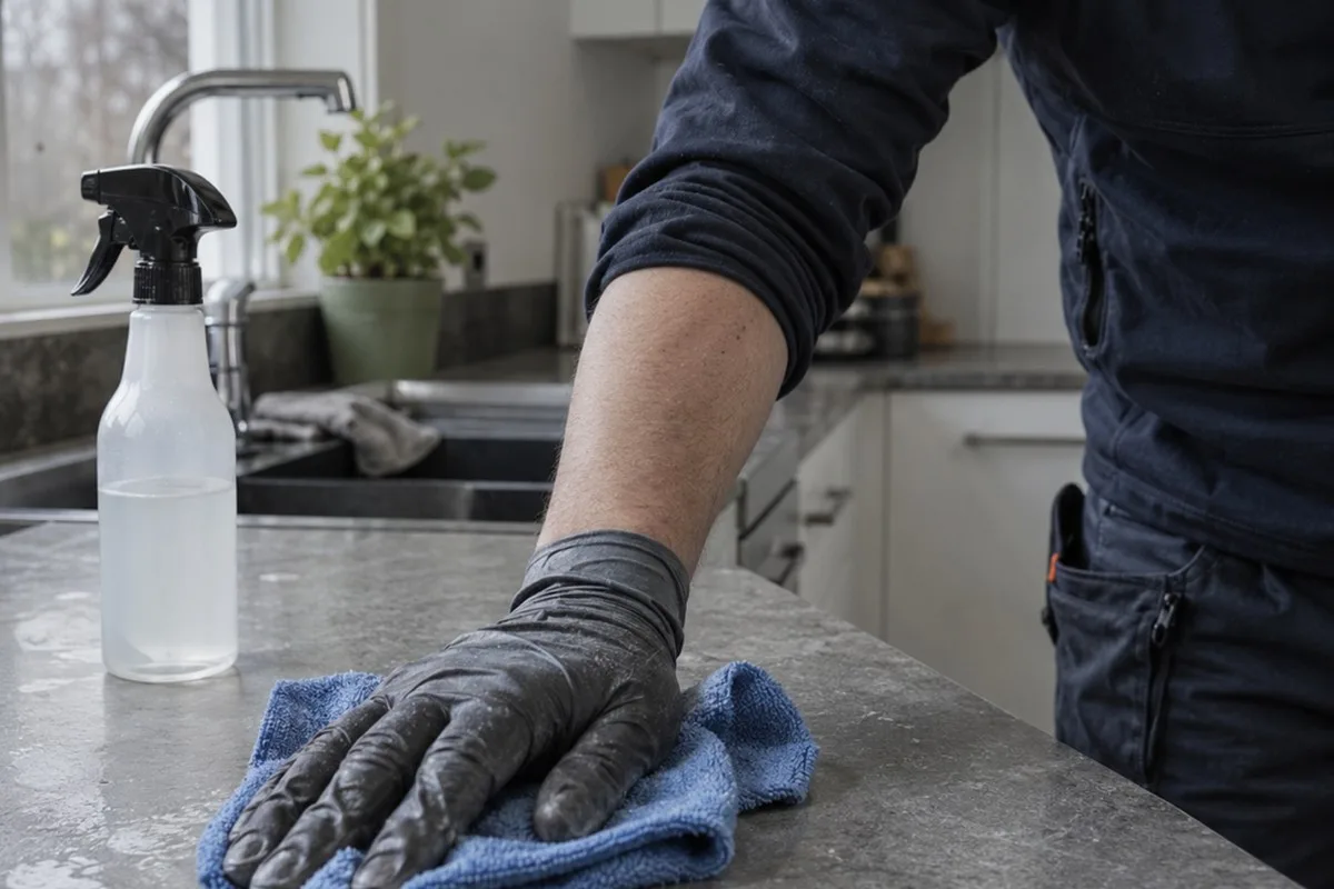 Gloved hand wiping a kitchen counter with a blue microfiber cloth next to a spray bottle
