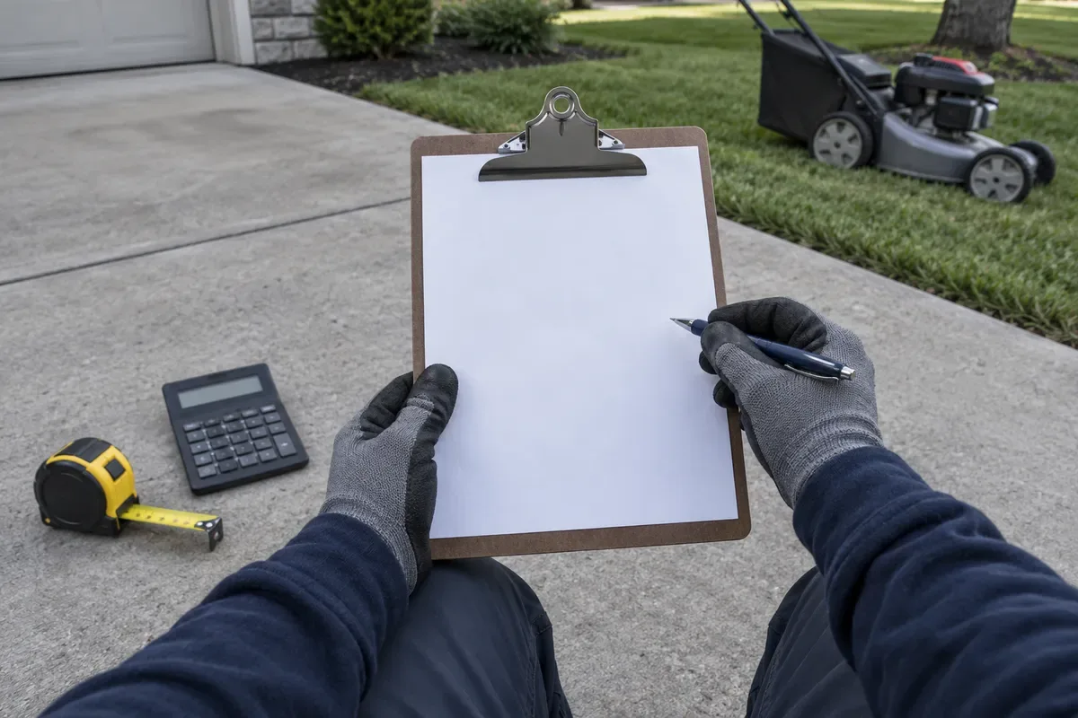 Gloved hands holding a blank clipboard and pen on a driveway, with a calculator, tape measure and mower nearby