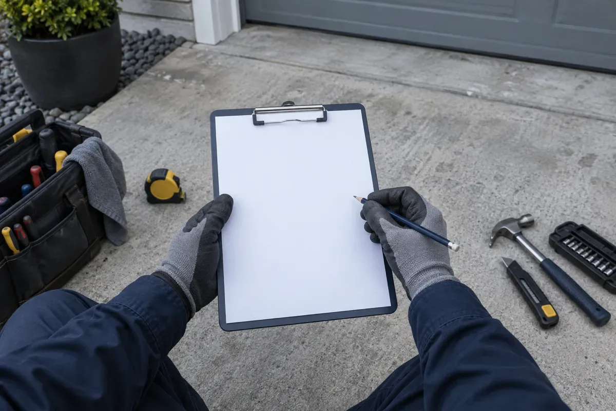 Gloved hands holding a blank clipboard and pencil on a driveway beside a tool bag, tape measure and hammer