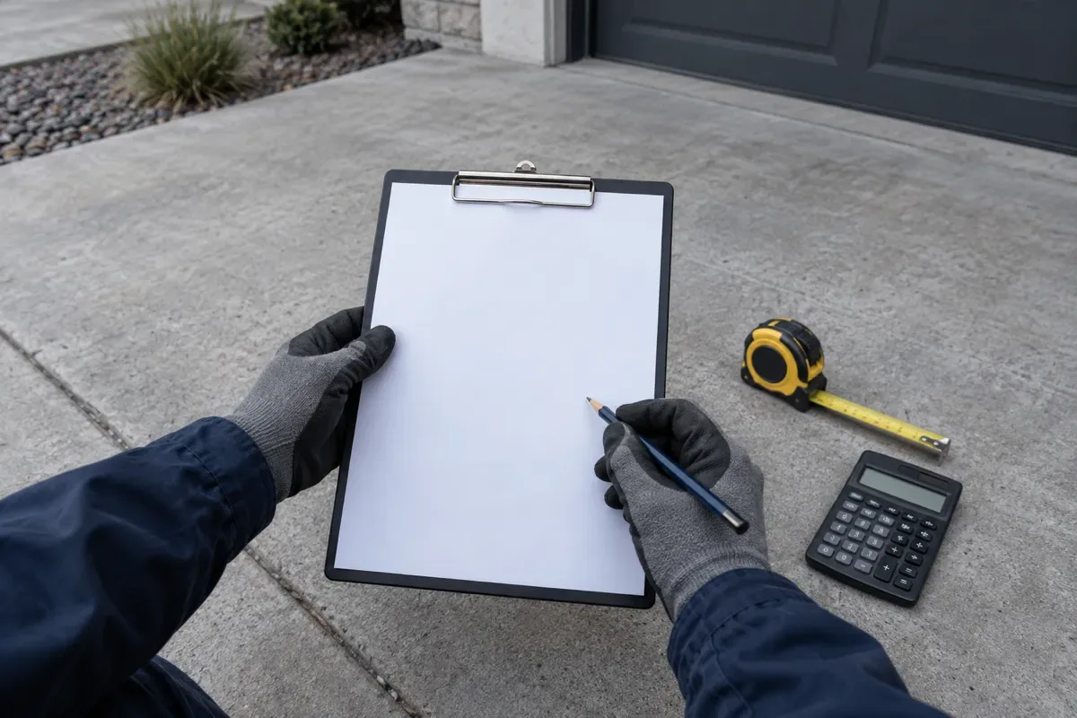 Gloved hands holding a blank clipboard and pencil over a concrete driveway, with a tape measure and calculator on the ground