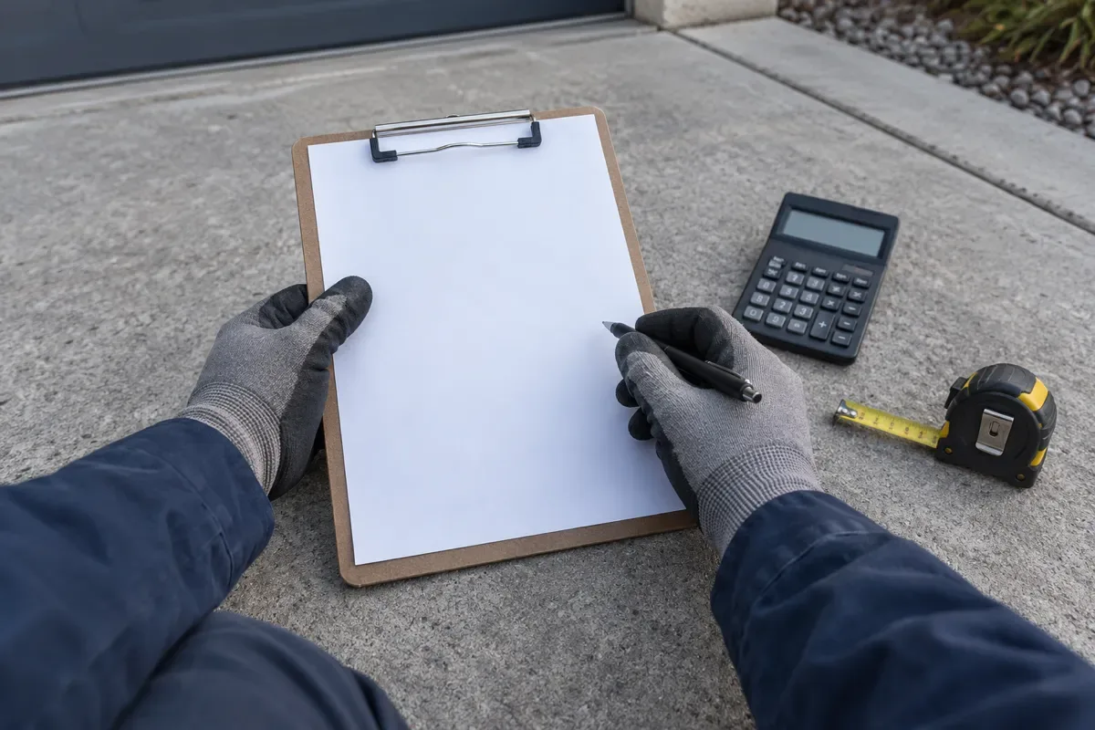 Gloved hands reviewing a blank clipboard beside a calculator on concrete