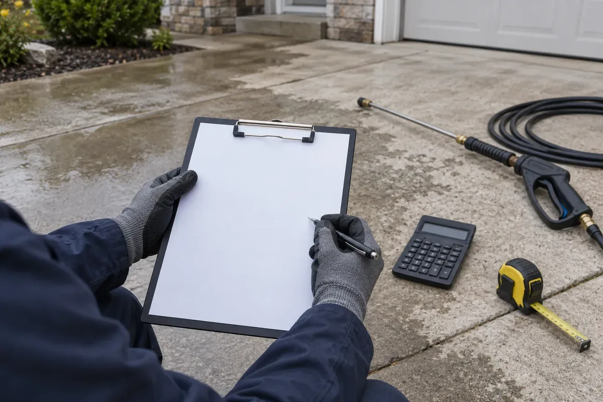 Gloved hands writing on a blank clipboard on a half-cleaned driveway beside a calculator, tape measure and wand