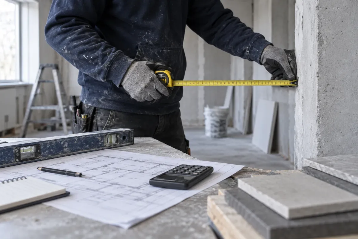 Gloved tradesperson measuring an unfinished window opening beside plans