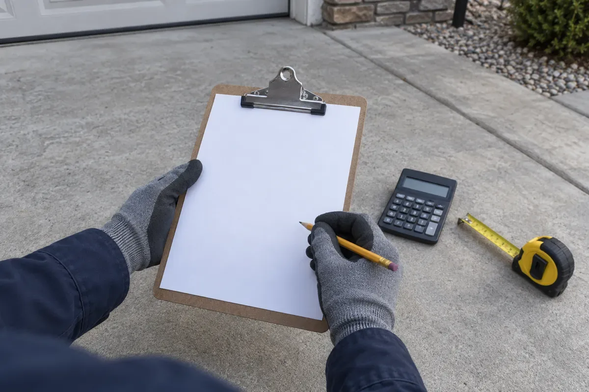 Gloved worker holding a blank clipboard beside a calculator and tape measure
