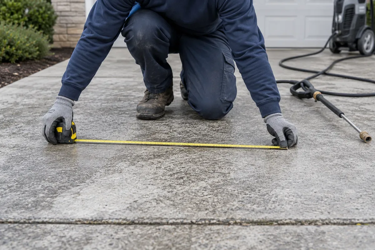 Gloved worker in navy workwear kneeling on a concrete driveway, measuring it with a tape measure