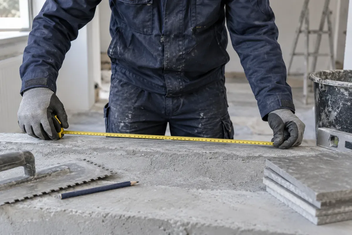 Gloved worker in navy workwear measuring a concrete countertop with a yellow tape measure beside stacked tiles