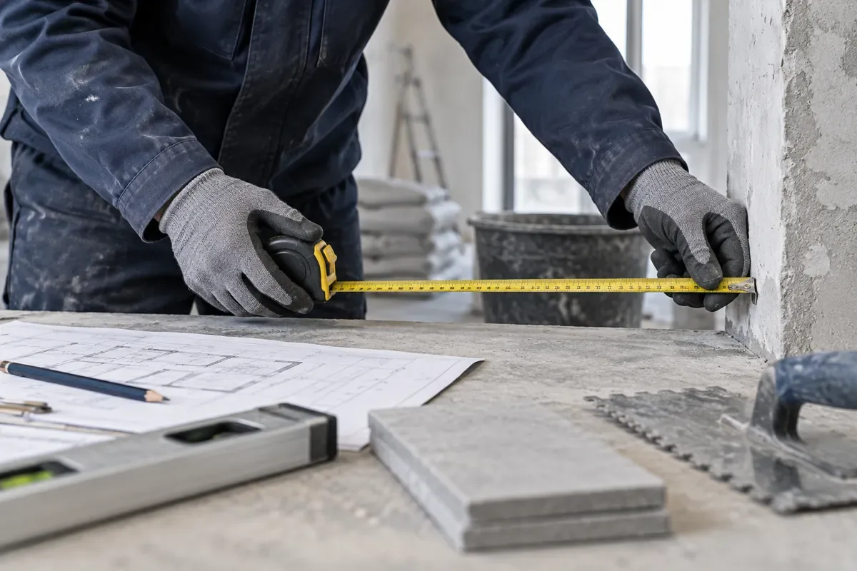 Gloved worker in navy workwear stretching a yellow tape measure to a wall beside a floor plan, a level and a stack of tiles