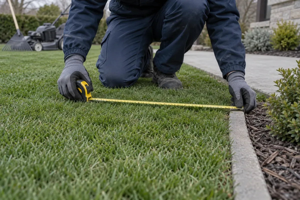 Gloved worker kneeling on a lawn, measuring the grass with a tape measure to a concrete edging strip