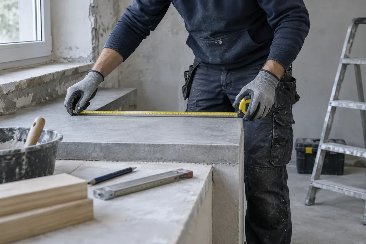 Gloved worker measuring a concrete ledge with a tape measure