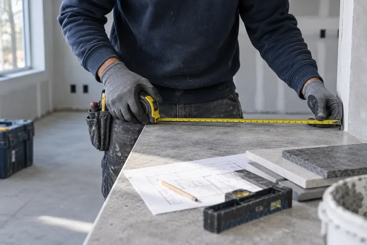 Gloved worker measuring a countertop beside a plan
