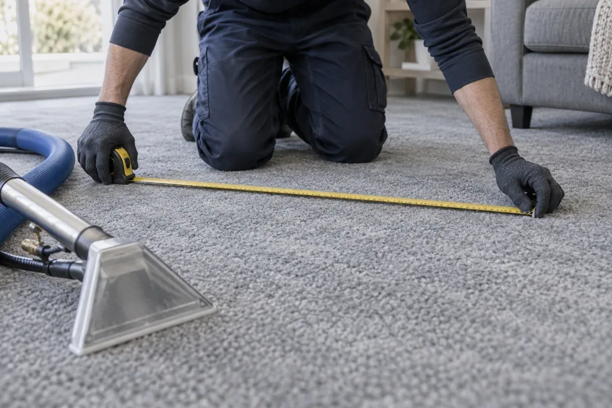 Gloved worker measuring carpet width beside an extraction wand