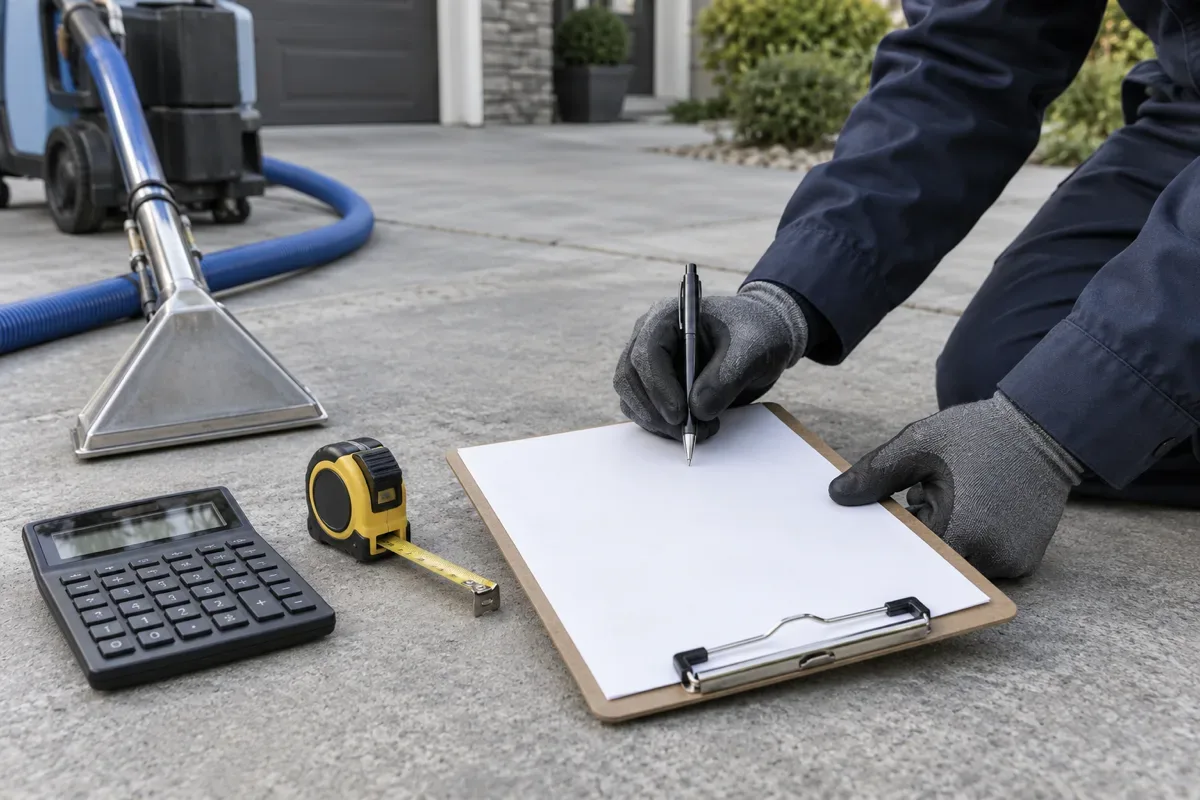 Gloved worker reviewing a blank clipboard beside carpet cleaning tools