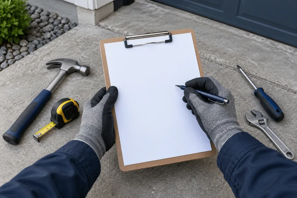 Gloved worker reviewing a blank clipboard beside hand tools