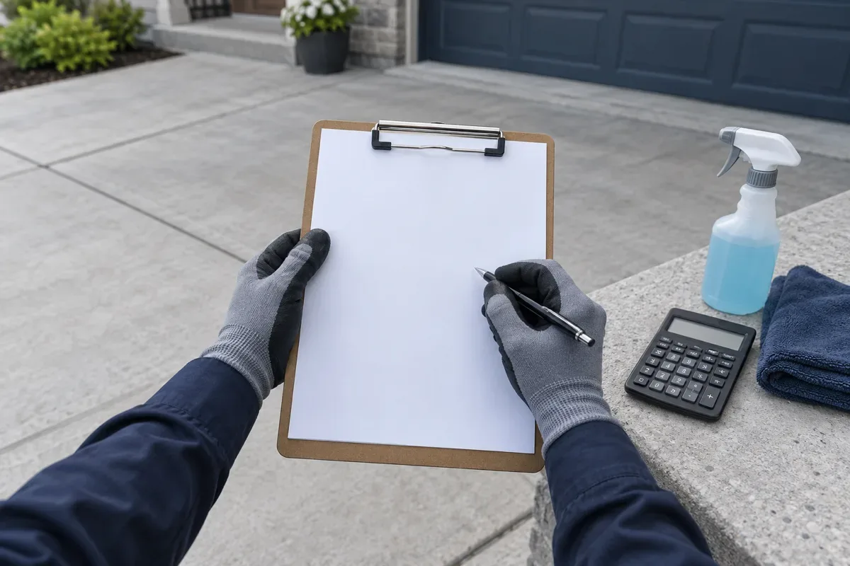Gloved worker with blank clipboard, cleaner bottle and calculator on a driveway
