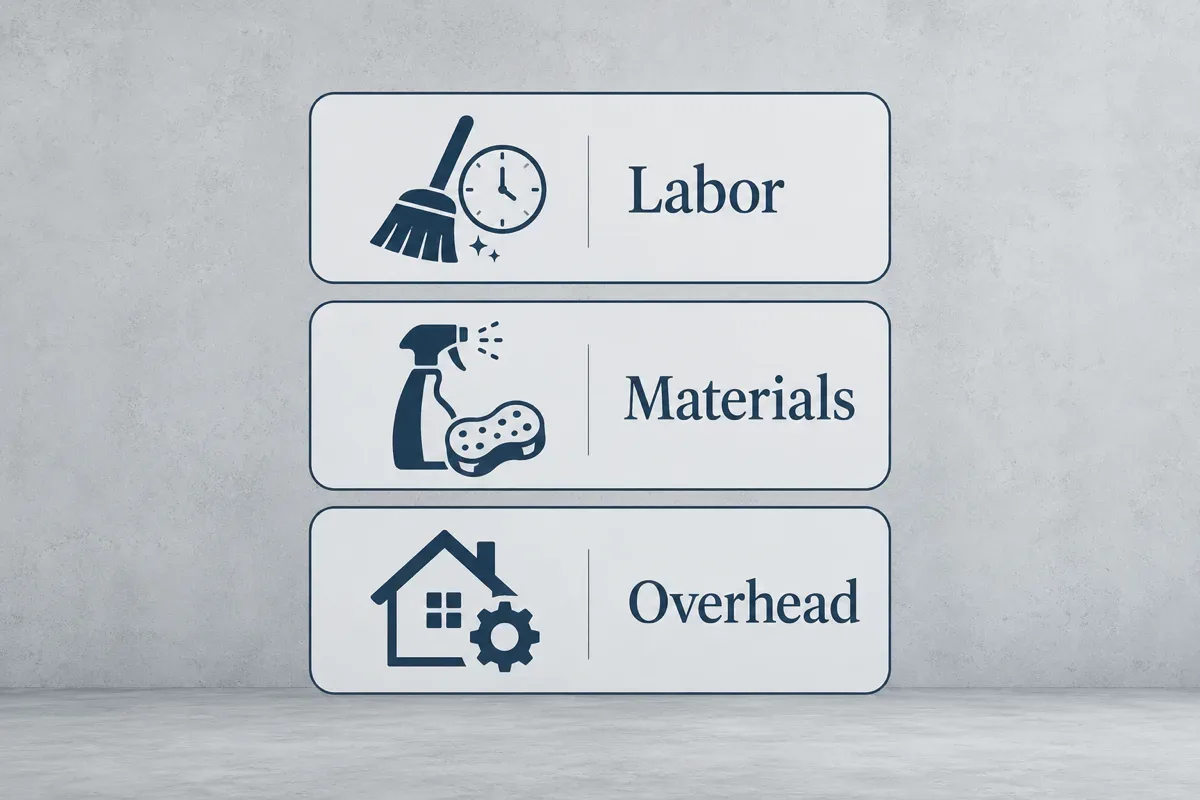 House cleaning cost categories shown as labor, materials and overhead icons