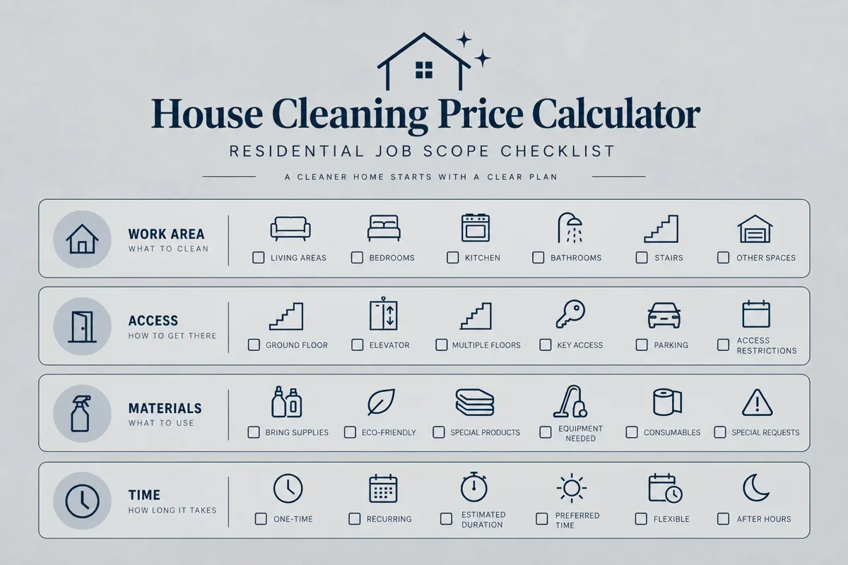 House cleaning job-scope checklist covering work area, access, materials and time