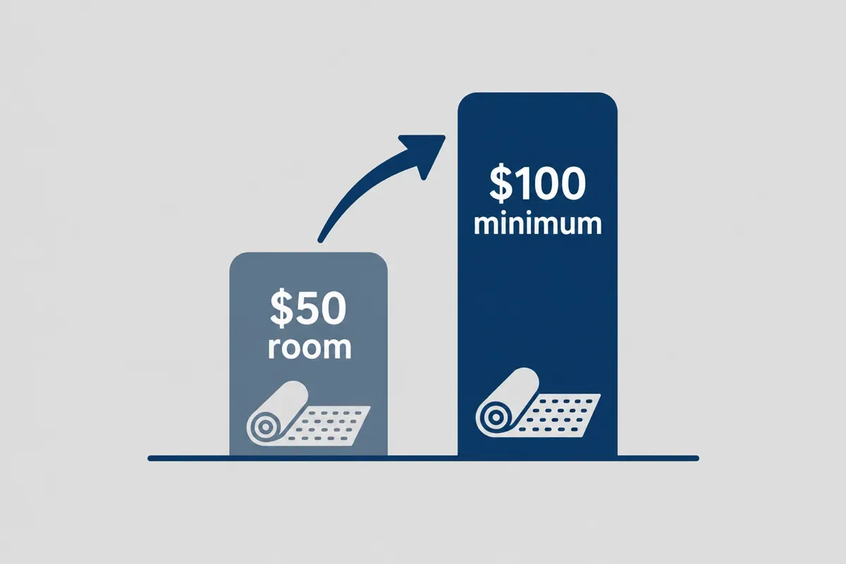 Illustrative carpet pricing with a 100 dollar minimum and 50 dollar room rate