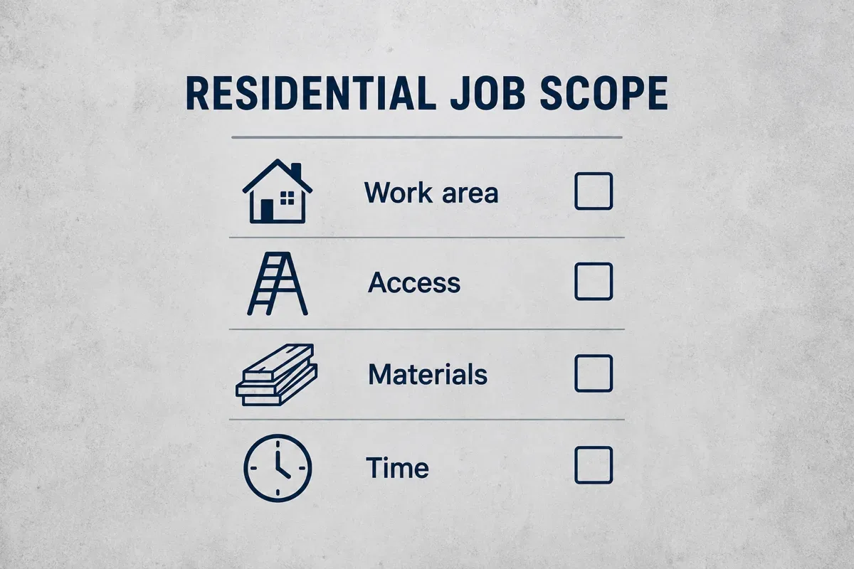 Job scope checklist covering work area, access, materials and time