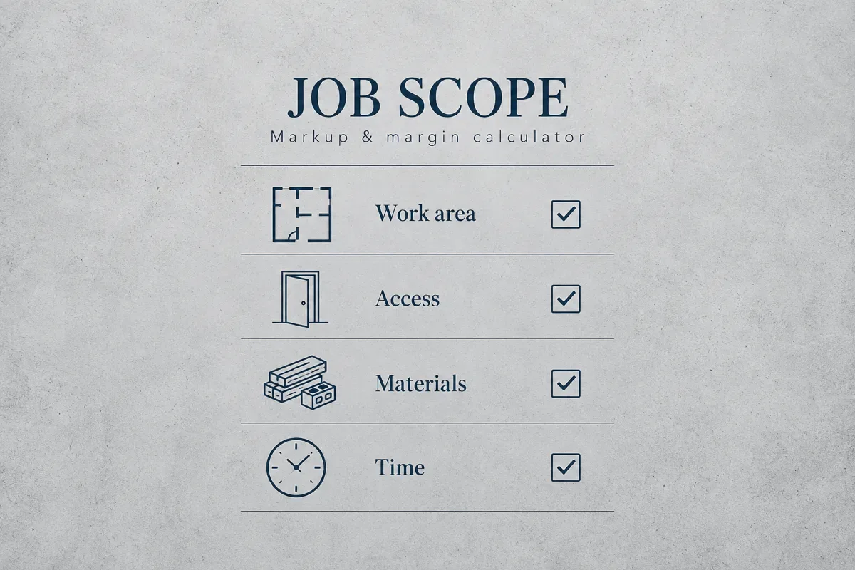 Job scope checklist for work area, access, materials and time