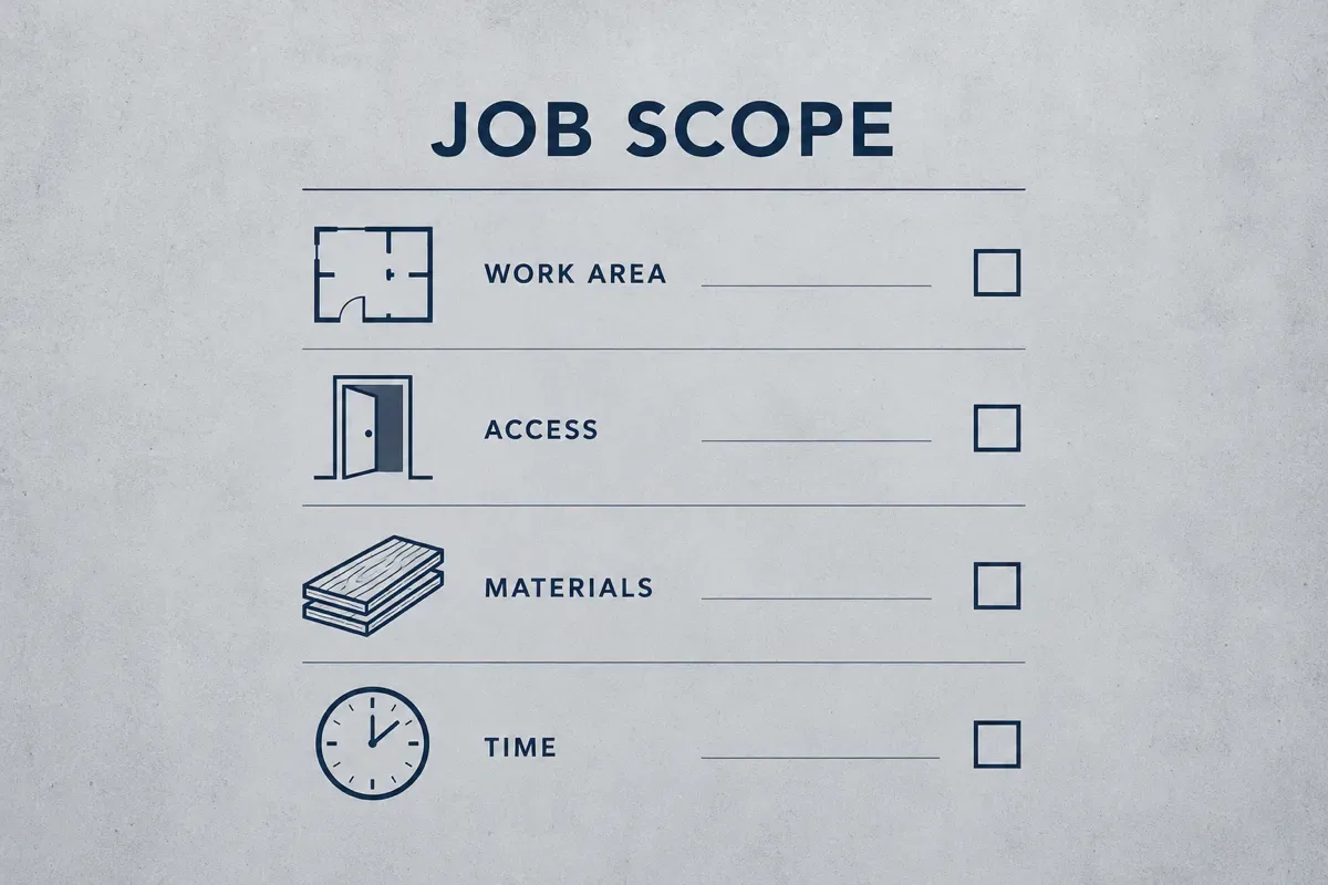 Job scope checklist showing work area, access, materials and time