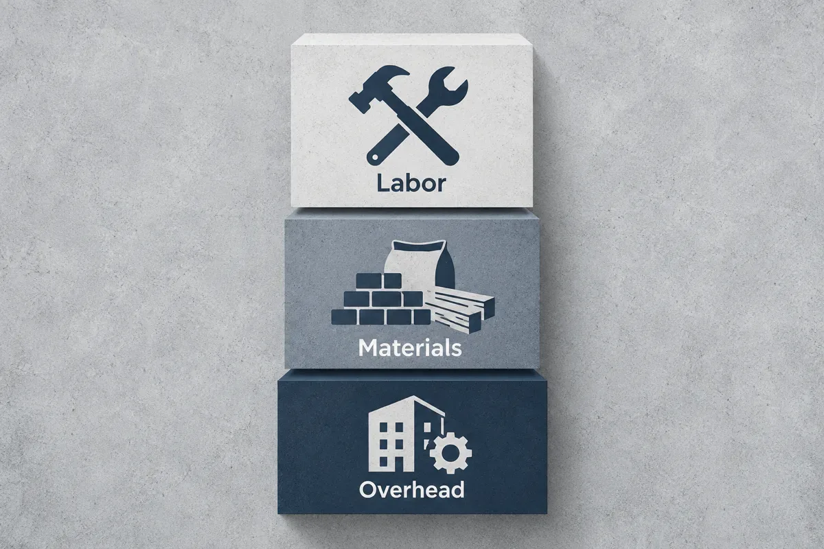 Labor, materials and overhead represented by tool, building-material and workshop icons