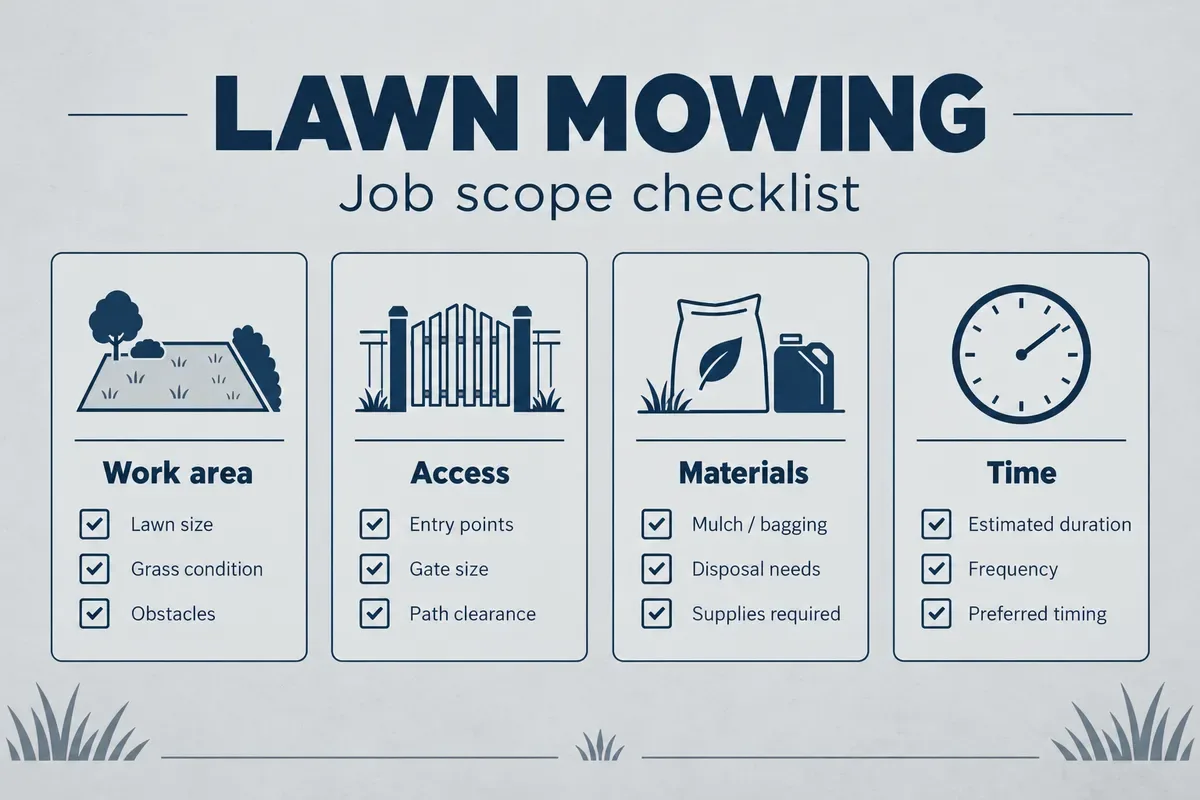 Lawn mowing job scope checklist covering work area, access, materials and time