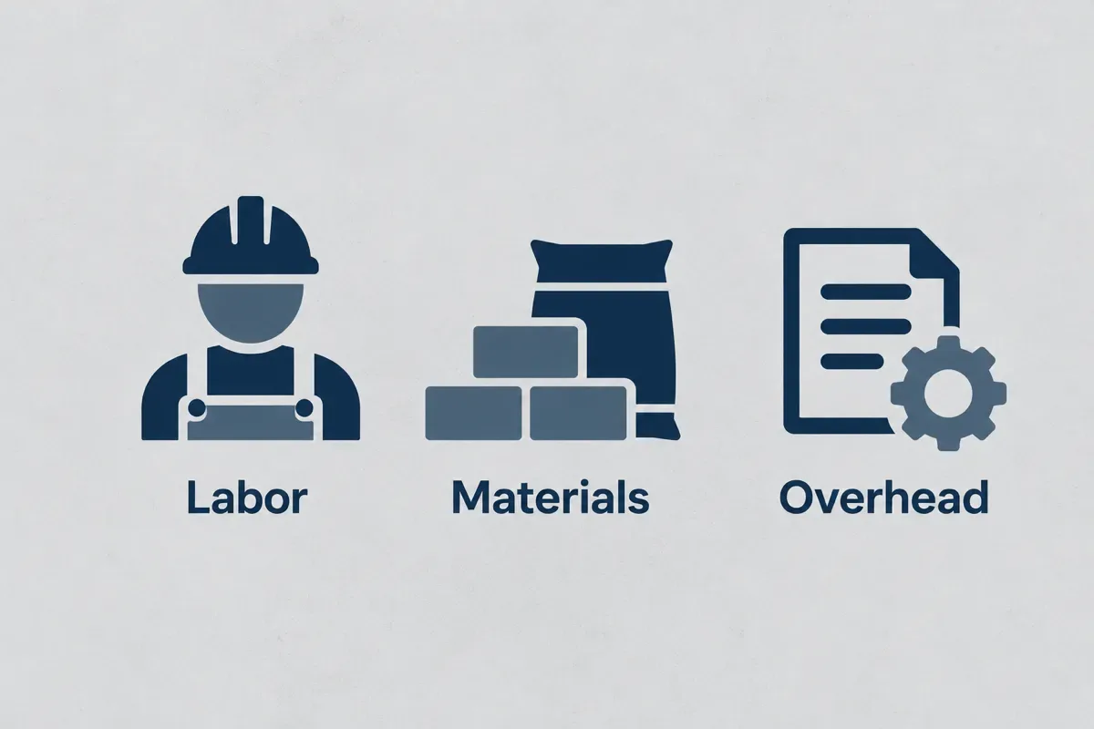 Navy icons identifying labor, materials and overhead as separate job costs