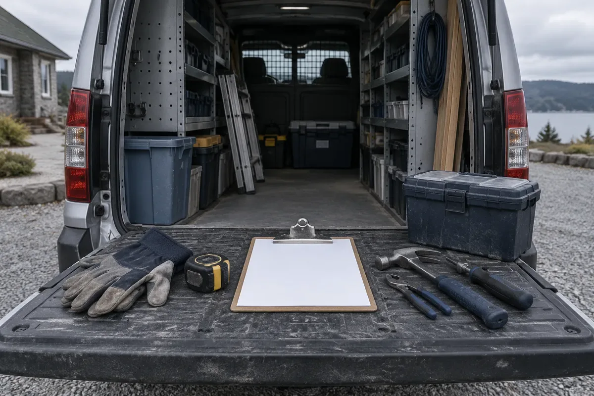 Open rear doors of a shelved work van with gloves, tape measure, a blank clipboard and hand tools on the bumper