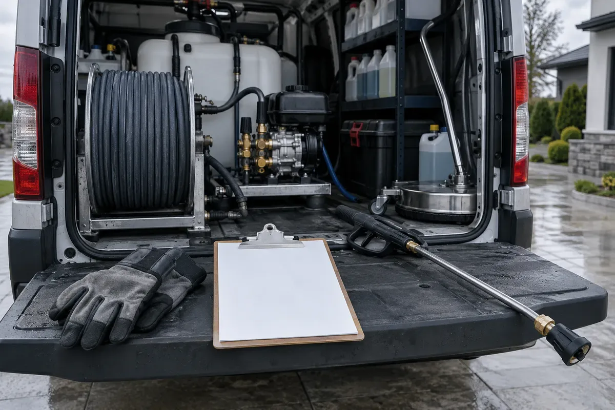 Open service van with a hose reel, water tank, pump, surface cleaner and a blank clipboard on the tailgate